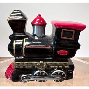 Ceramic Train Engine Trinket Box With Gold Accents & Hinged Lid